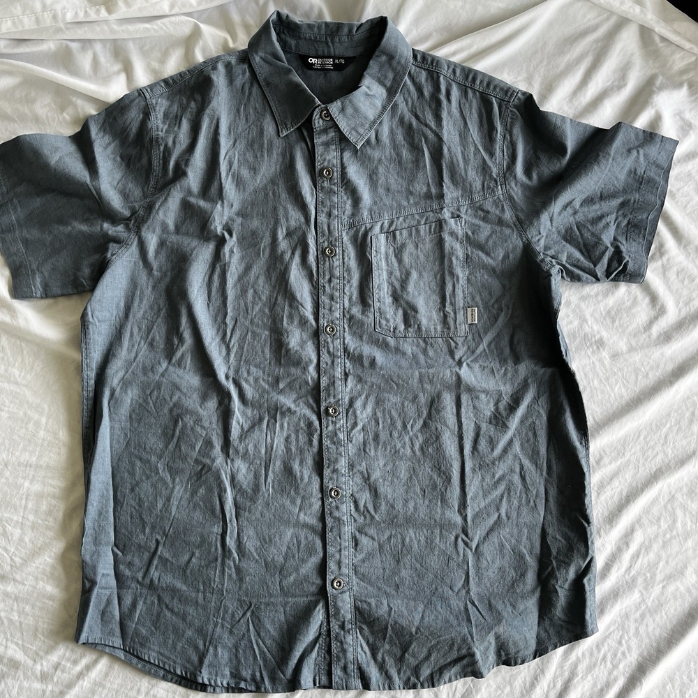 Outdoor Research Button Up Shirt Men's XL Blue Short Sleeve Pocket Hemp Blend‎